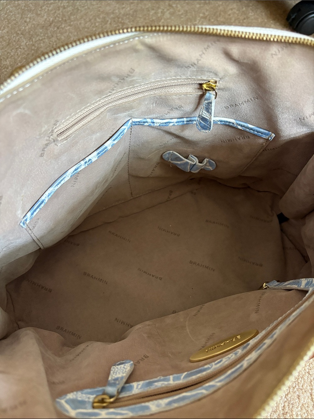 Brahmin Vivian Dome Satchel Blue Floral Embossed with Brown Trim - Picture 8 of 16